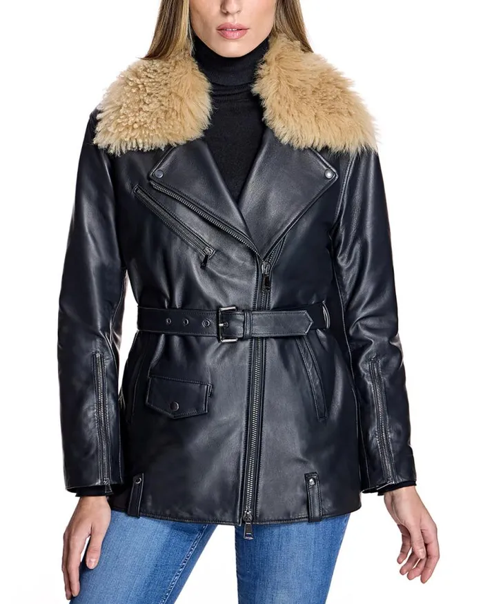 Jackets Women039s Maximilian Leather Belted Moto Jacket With Detachable Lamb Collar
