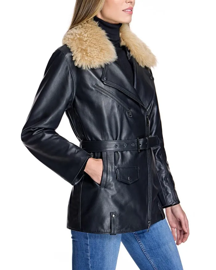 Jackets Women039s Maximilian Leather Belted Moto Jacket With Detachable Lamb Collar