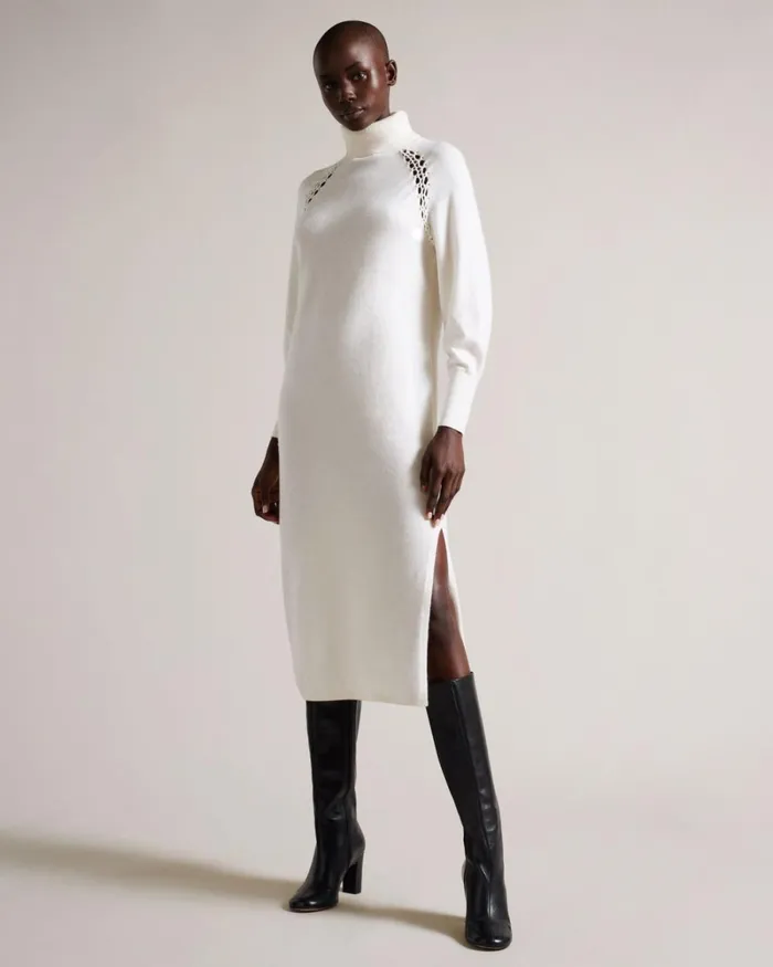 Knit Midi Dress With Stitch Insert White Women Ted Baker Clothing Knit Midi Dress With Stitch Insert White Women Ted Baker Clothing