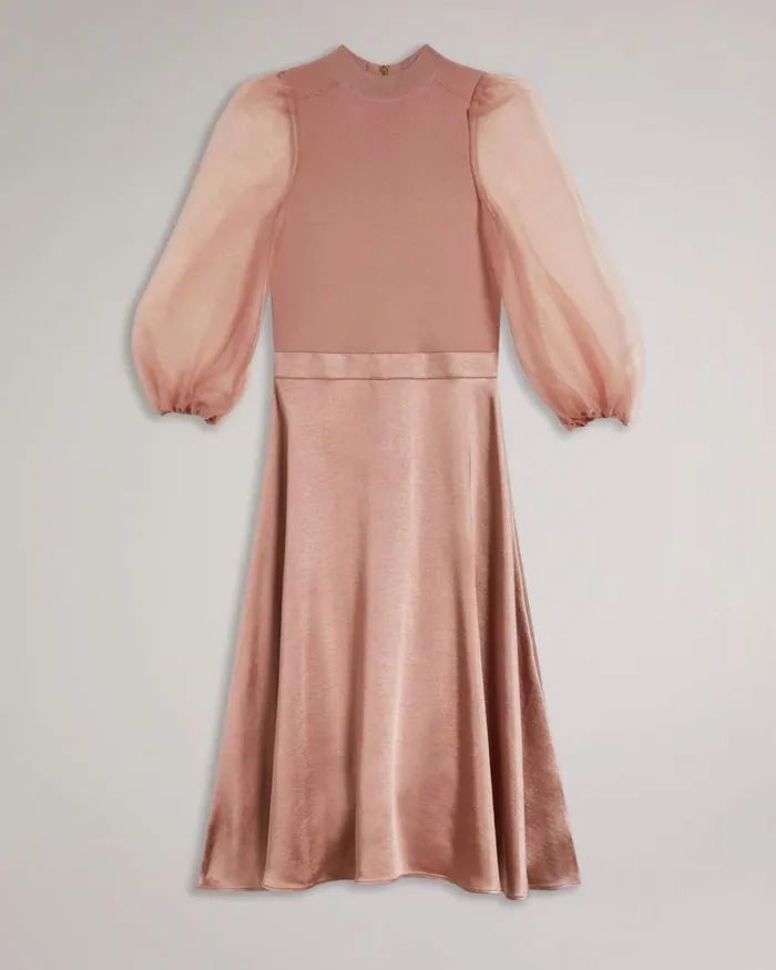 Knit Satin And Organza Midi Dress Dusky Pink Women Ted Baker Dresses