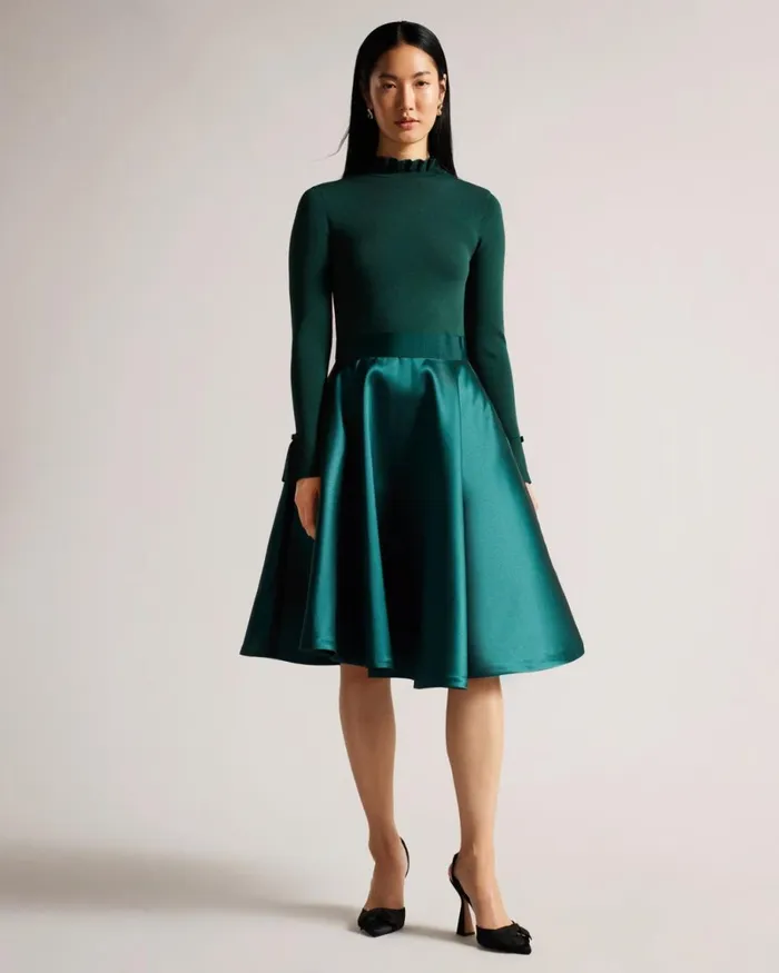 Knitted Frill Full Skirt Dress Dark Green Women Ted Baker Clothing Knitted Frill Full Skirt Dress Dark Green Women Ted Baker Clothing