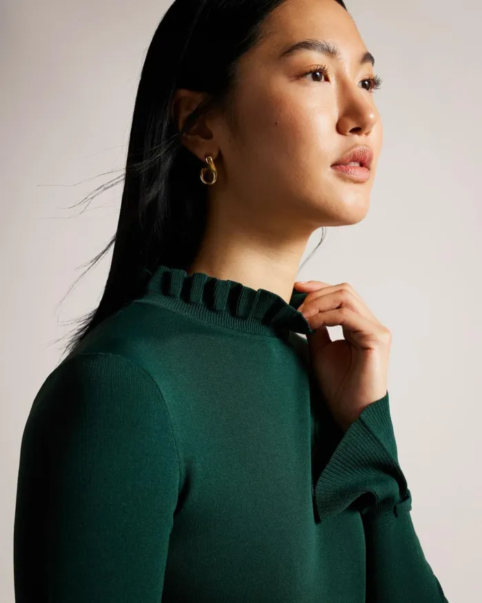 Knitted Frill Full Skirt Dress Dark Green Women Ted Baker Clothing Knitted Frill Full Skirt Dress Dark Green Women Ted Baker Clothing