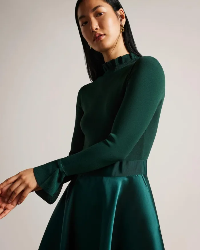 Knitted Frill Full Skirt Dress Dark Green Women Ted Baker Clothing Knitted Frill Full Skirt Dress Dark Green Women Ted Baker Clothing