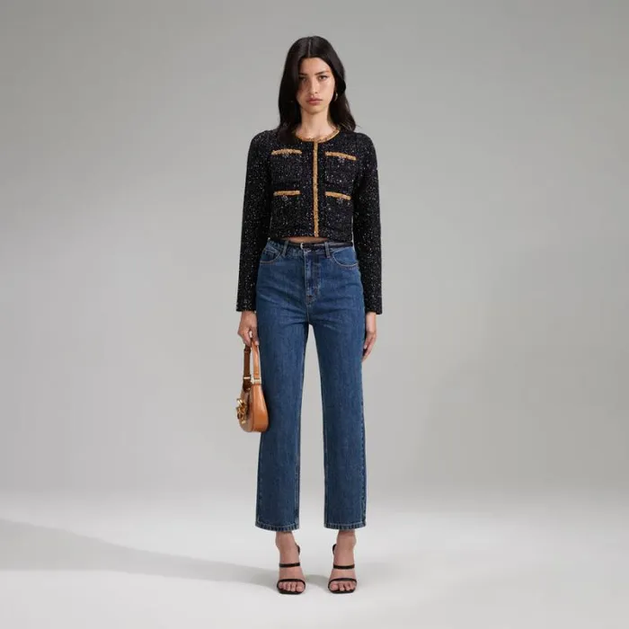 Knitwear Woman SelfPortrait Black Sequin Knit Crop Cardigan
