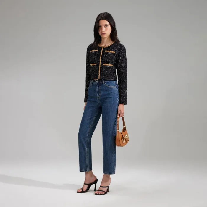 Knitwear Woman SelfPortrait Black Sequin Knit Crop Cardigan Knitwear Woman SelfPortrait Black Sequin Knit Crop Cardigan