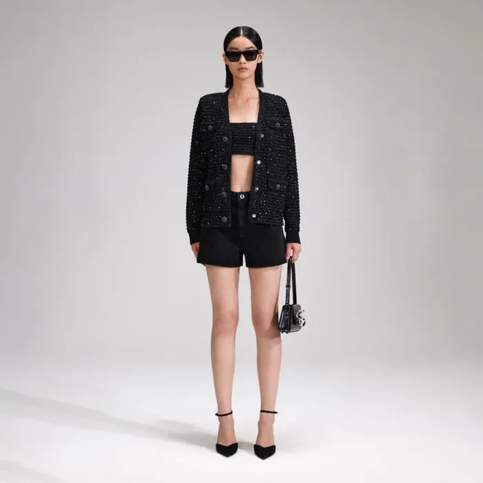 Knitwear Woman SelfPortrait Black Sequin Long Knit Cardigan