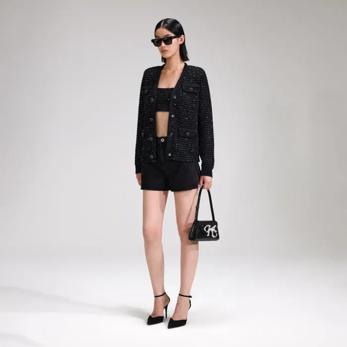 Knitwear Woman SelfPortrait Black Sequin Long Knit Cardigan Knitwear Woman SelfPortrait Black Sequin Long Knit Cardigan