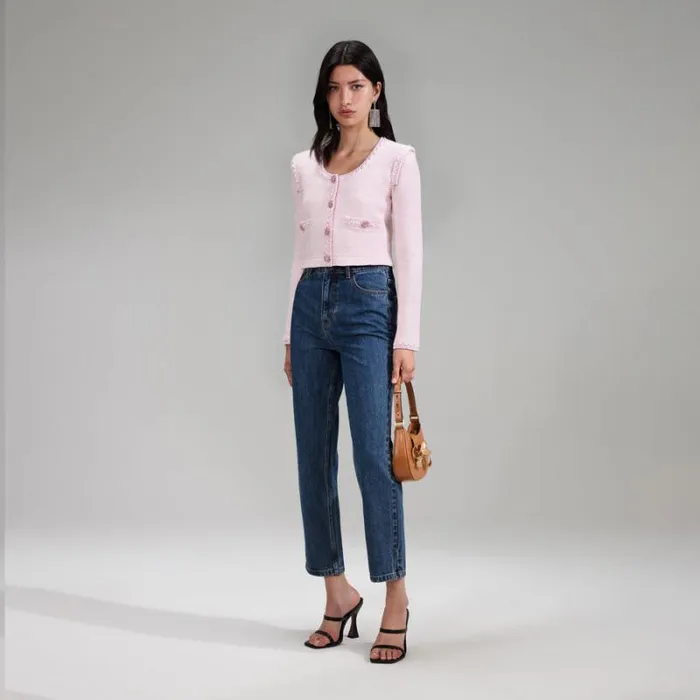 Knitwear Woman SelfPortrait Pink Knit Crop Cardigan Knitwear Woman SelfPortrait Pink Knit Crop Cardigan