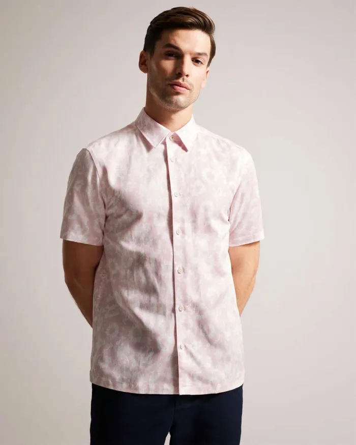 Linen Blend Floral Print Shirt Light Pink Men Ted Baker Clothing