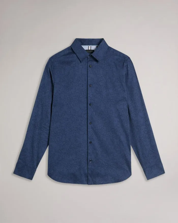 Long Sleeve Floral Outline Print Shirt Navy Men Ted Baker Clothing