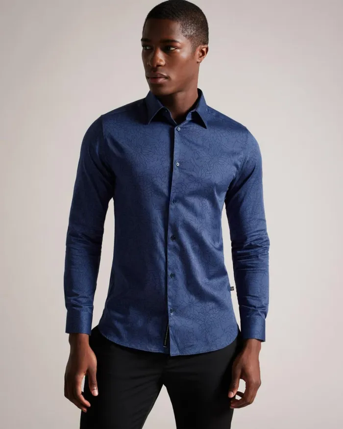 Long Sleeve Floral Outline Print Shirt Navy Men Ted Baker Clothing Long Sleeve Floral Outline Print Shirt Navy Men Ted Baker Clothing