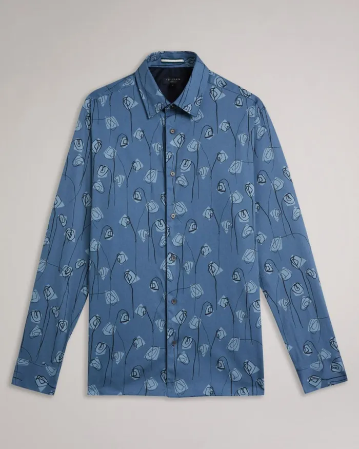Long Sleeve Flower Print Shirt Medium Blue Men Ted Baker Clothing