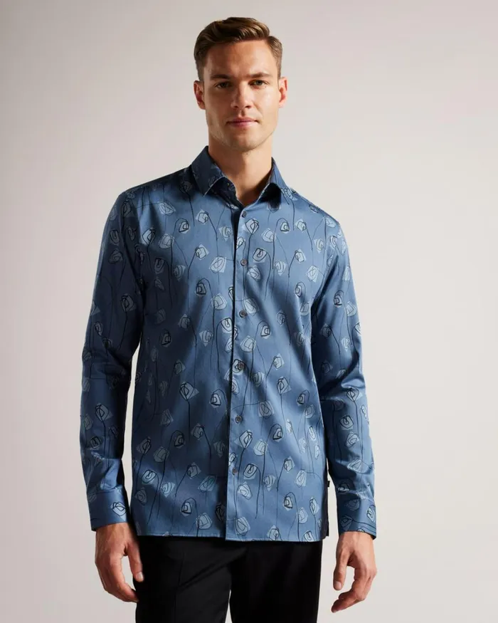 Long Sleeve Flower Print Shirt Medium Blue Men Ted Baker Clothing Long Sleeve Flower Print Shirt Medium Blue Men Ted Baker Clothing