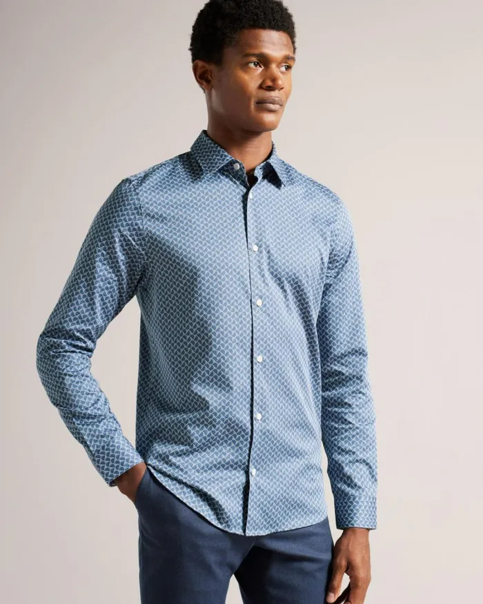Long Sleeve Geometric Print Shirt Blue Men Ted Baker Clothing Long Sleeve Geometric Print Shirt Blue Men Ted Baker Clothing