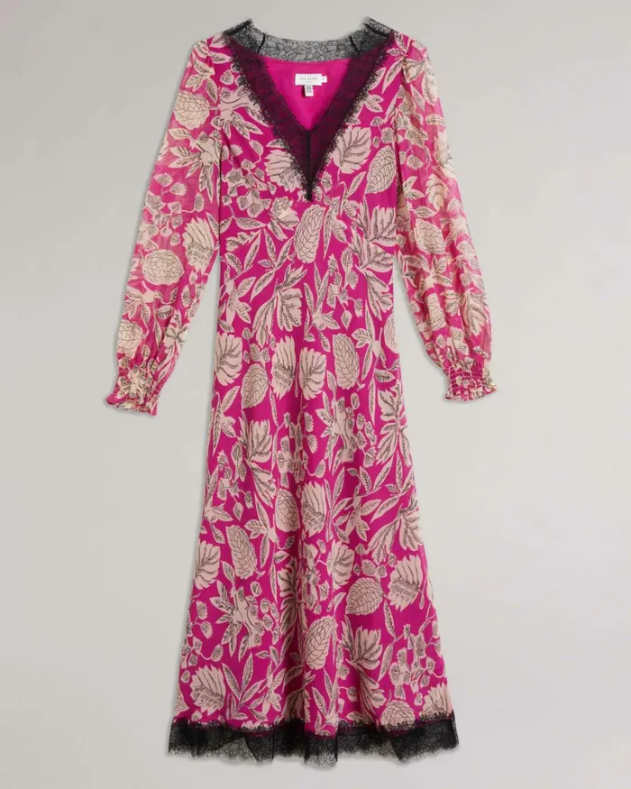 Long Sleeve Midi Dress With Lace Trim Bright Pink Women Ted Baker Clothing