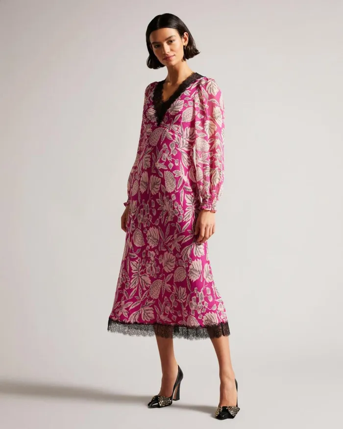 Long Sleeve Midi Dress With Lace Trim Bright Pink Women Ted Baker Clothing