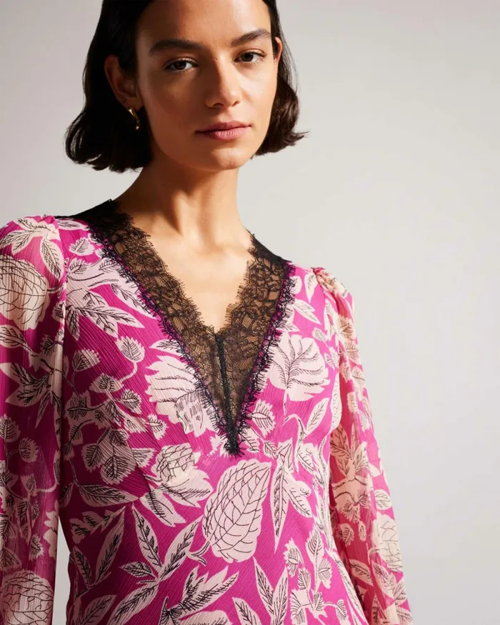 Long Sleeve Midi Dress With Lace Trim Bright Pink Women Ted Baker Clothing