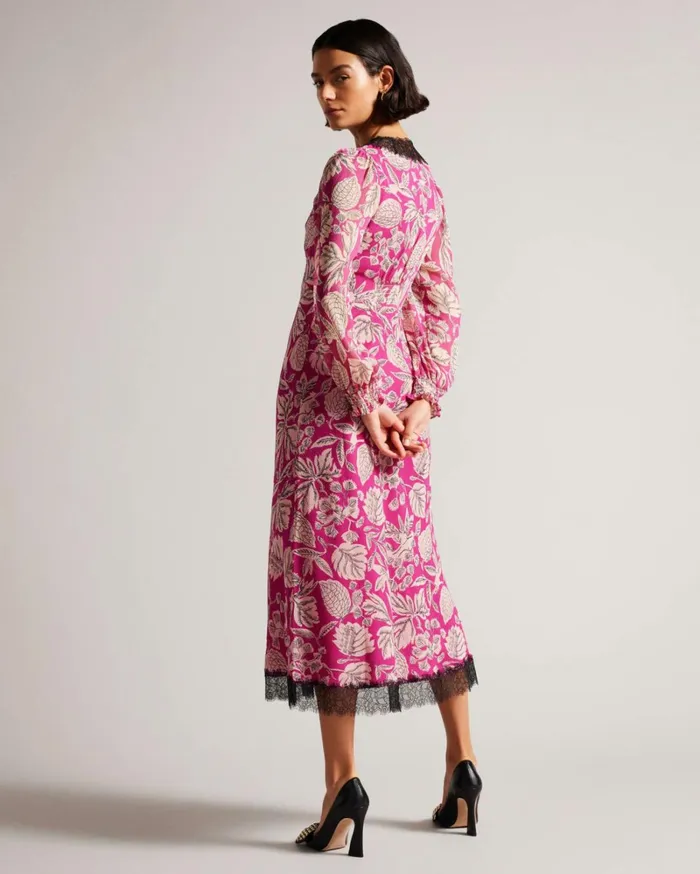 Long Sleeve Midi Dress With Lace Trim Bright Pink Women Ted Baker Clothing