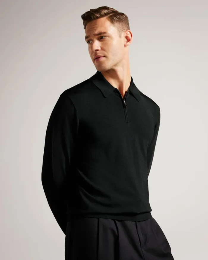 Long Sleeve Regular Half Zip Rayon Polo Black Men Ted Baker Clothing