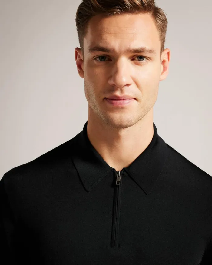 Long Sleeve Regular Half Zip Rayon Polo Black Men Ted Baker Clothing
