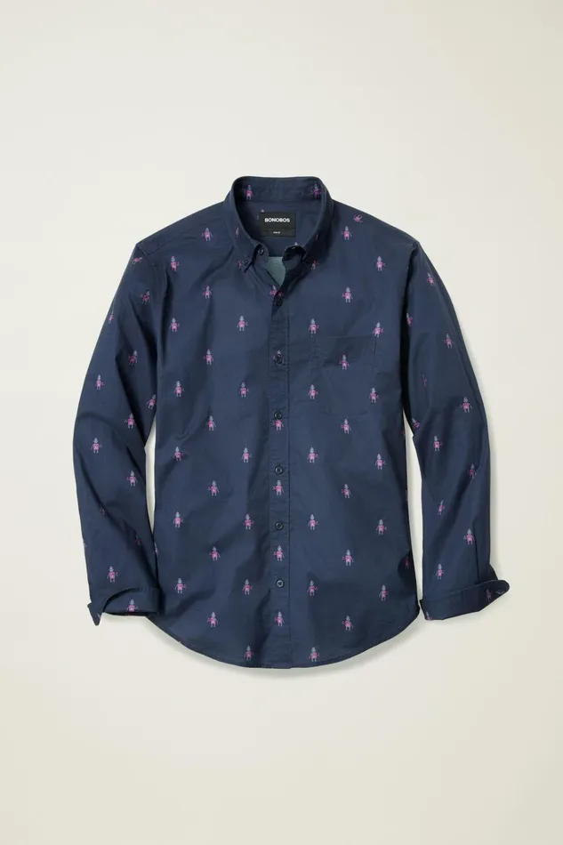 Men Business Casual Shirts Bonobos Everyday Shirt Navy Pink Cheers To Robots