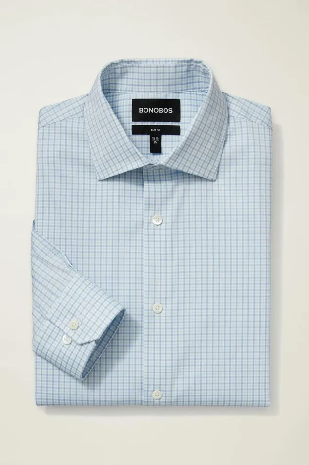 Men Business Casual Shirts Bonobos Jetsetter Stretch Dress Shirt Lake Blues Gingham