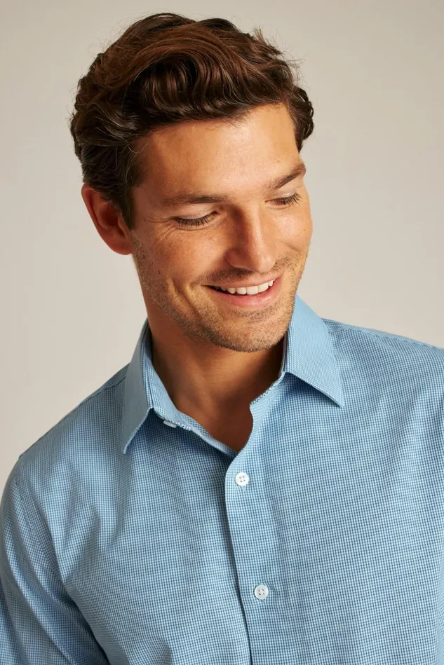 Men Business Casual Shirts Bonobos The Desk To Dinner Shirt Blue Weymouth Plaid