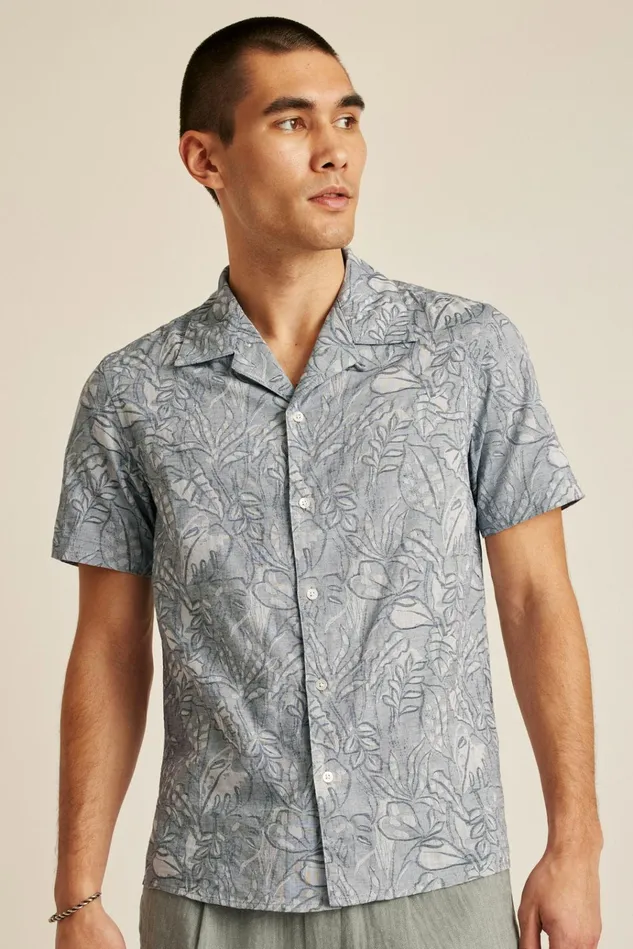 Men Casual Shirts Bonobos Limited Edition Riviera Cabana Shirt Blue Chambray Floral Sketch