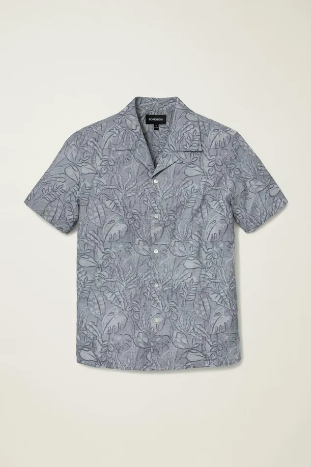 Men Casual Shirts Bonobos Limited Edition Riviera Cabana Shirt Blue Chambray Floral Sketch