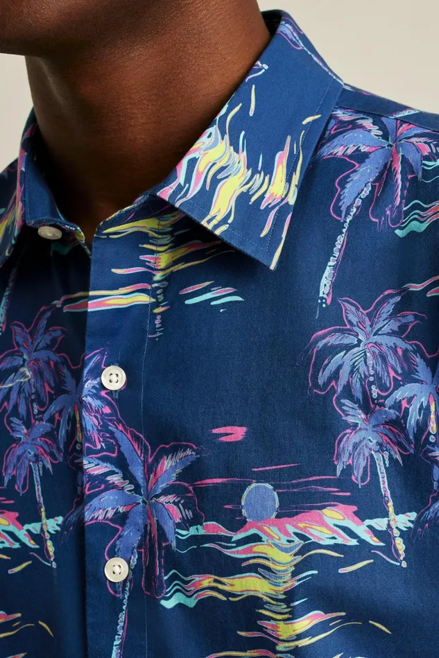 Men Casual Shirts Bonobos Riviera Short Sleeve Shirt Navy Neon Beach Scene