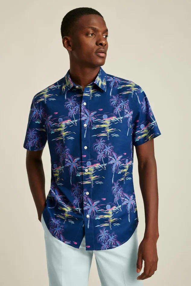 Men Casual Shirts Bonobos Riviera Short Sleeve Shirt Navy Neon Beach Scene