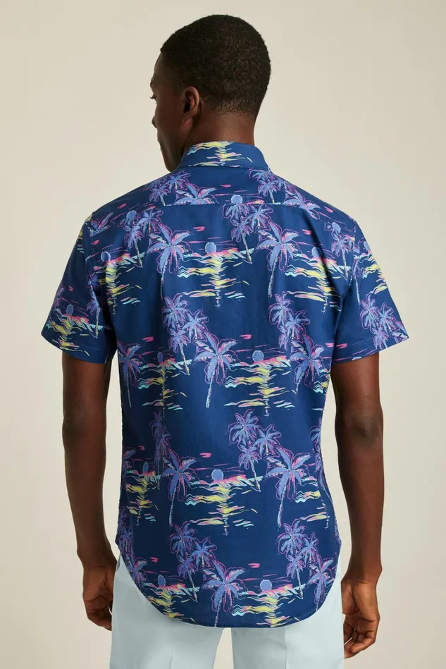 Men Casual Shirts Bonobos Riviera Short Sleeve Shirt Navy Neon Beach Scene