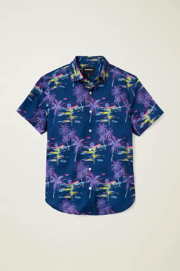 Men Casual Shirts Bonobos Riviera Short Sleeve Shirt Navy Neon Beach Scene
