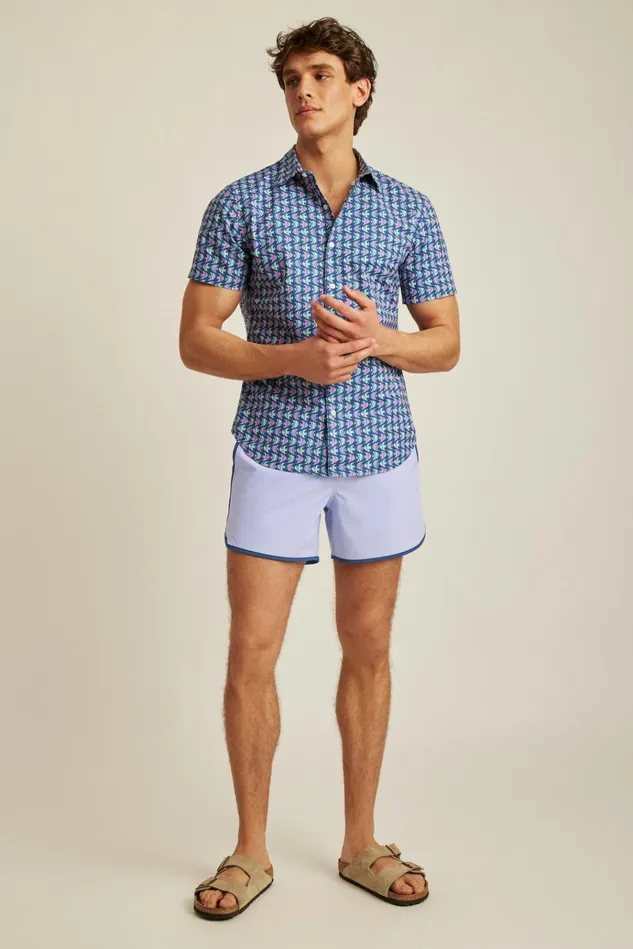 Men Casual Shirts Bonobos Riviera Short Sleeve Shirt Navy Pink Fish Waves