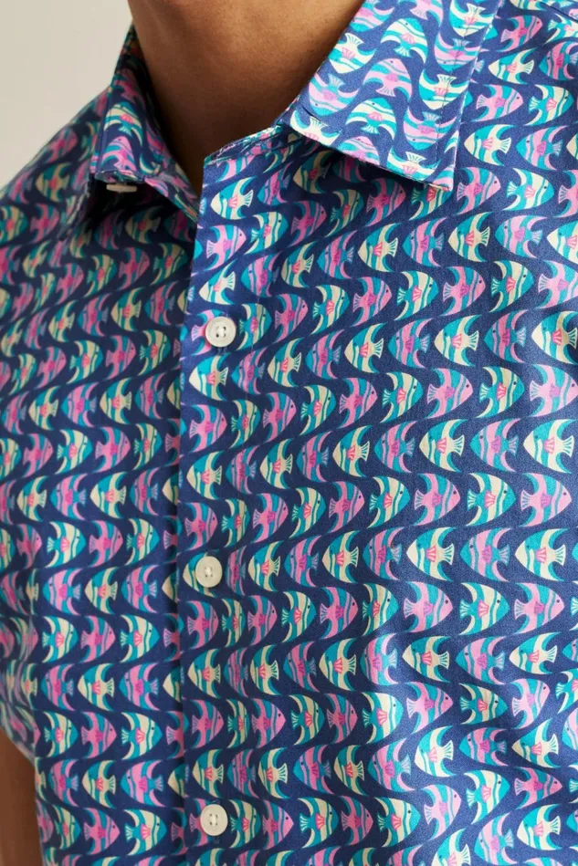 Men Casual Shirts Bonobos Riviera Short Sleeve Shirt Navy Pink Fish Waves