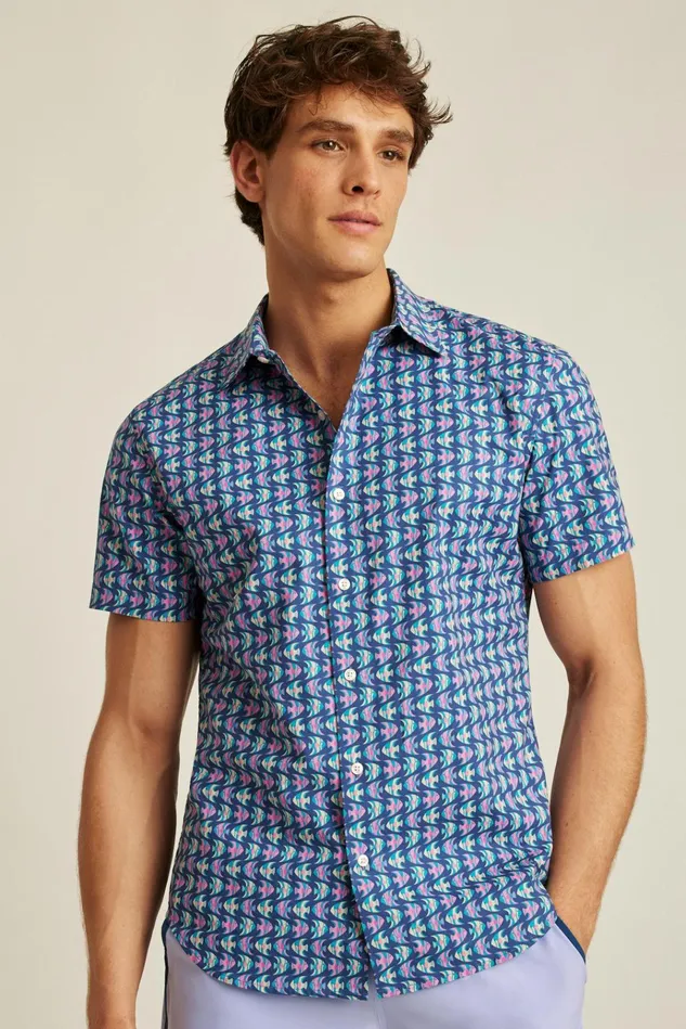 Men Casual Shirts Bonobos Riviera Short Sleeve Shirt Navy Pink Fish Waves