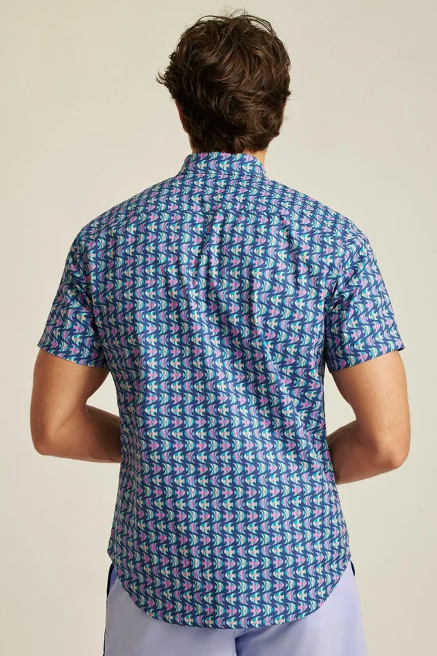 Men Casual Shirts Bonobos Riviera Short Sleeve Shirt Navy Pink Fish Waves