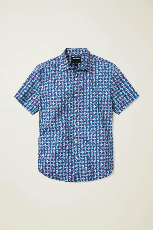 Men Casual Shirts Bonobos Riviera Short Sleeve Shirt Navy Pink Fish Waves