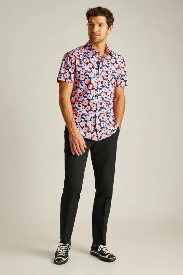 Men Casual Shirts Bonobos Riviera Short Sleeve Shirt Navy Pink Pop Floral