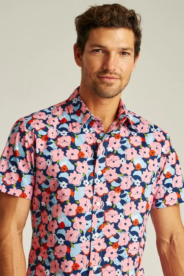 Men Casual Shirts Bonobos Riviera Short Sleeve Shirt Navy Pink Pop Floral