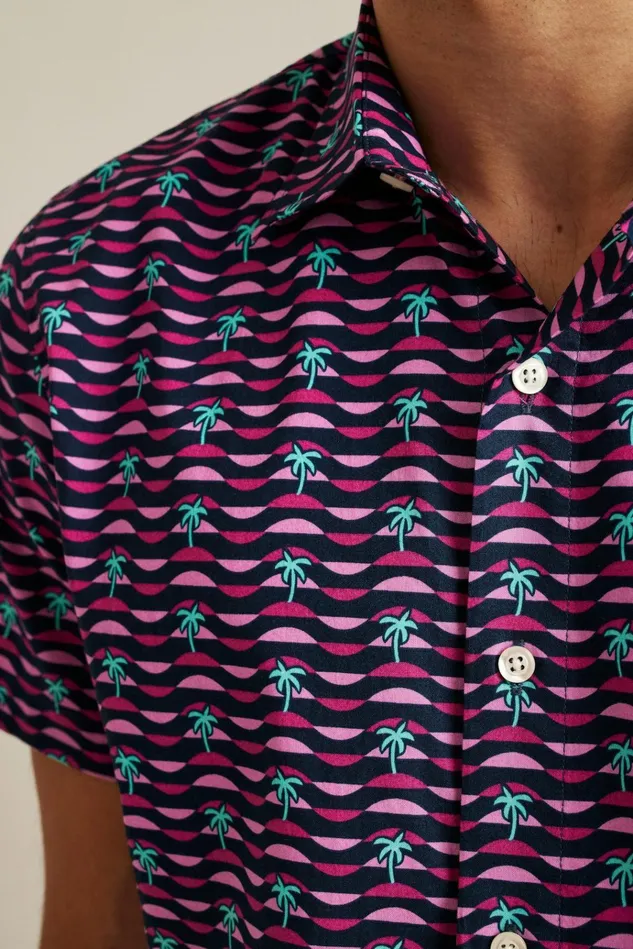 Men Casual Shirts Bonobos Riviera Short Sleeve Shirt Navy Pink Squiggly Palms