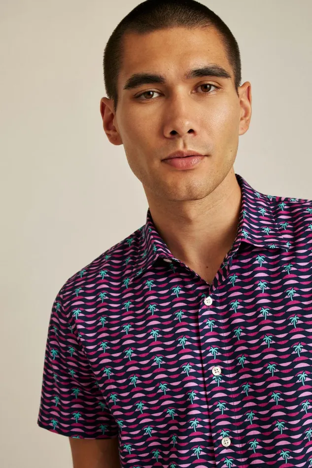 Men Casual Shirts Bonobos Riviera Short Sleeve Shirt Navy Pink Squiggly Palms