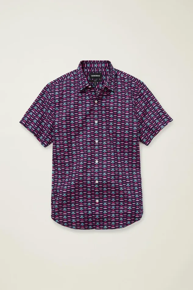 Men Casual Shirts Bonobos Riviera Short Sleeve Shirt Navy Pink Squiggly Palms