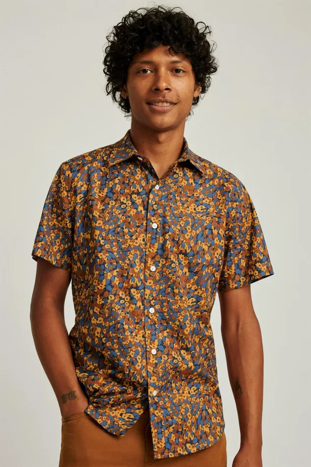 Men Casual Shirts Bonobos Riviera Short Sleeve Shirt Navy Tan Floral Mash