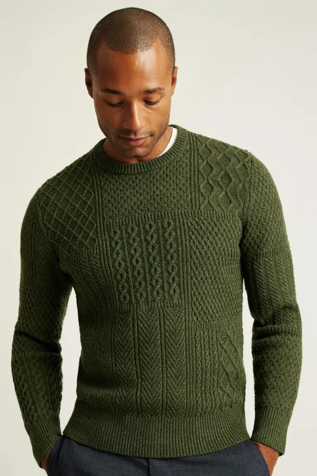 Men Crew and VNeck Sweaters Bonobos Wool Cable Crew Neck Sweater Thyme Green
