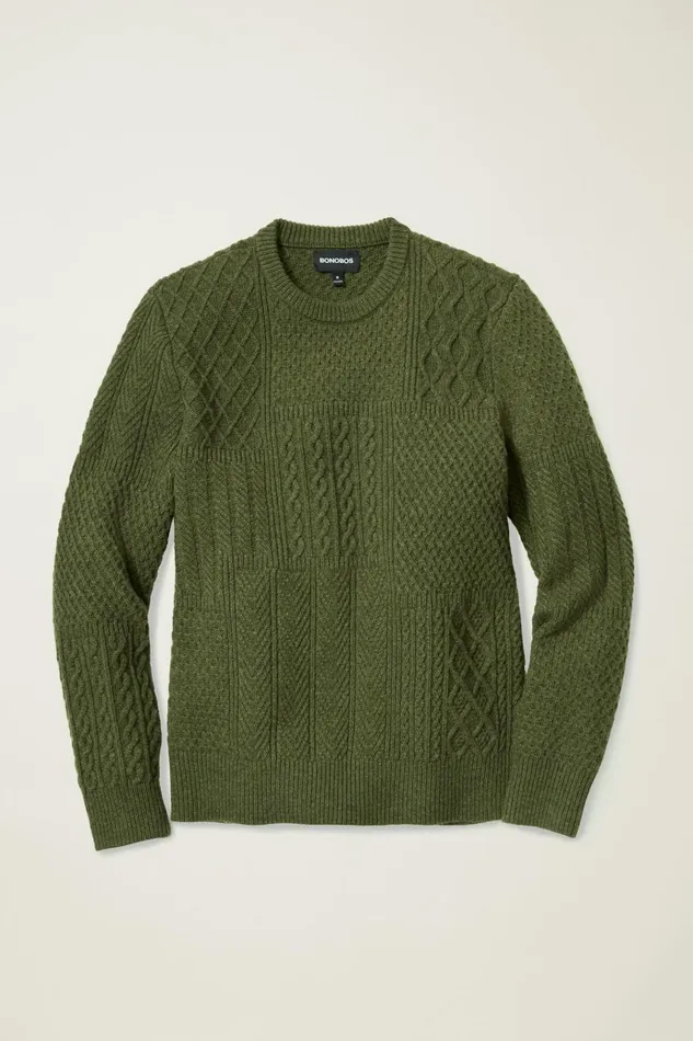 Men Crew and VNeck Sweaters Bonobos Wool Cable Crew Neck Sweater Thyme Green