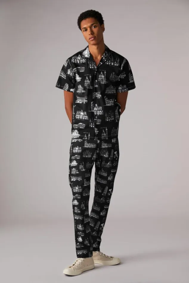 Men Fiorucci City Print Bowling Shirt Black Black