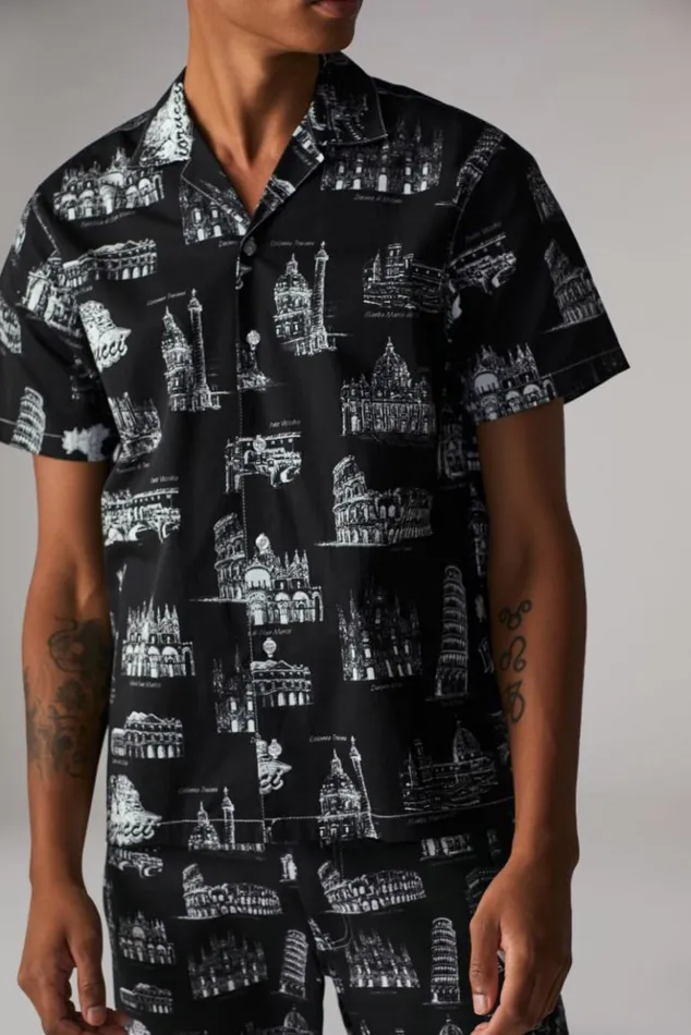Men Fiorucci City Print Bowling Shirt Black Black Men Fiorucci City Print Bowling Shirt Black Black