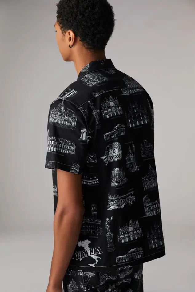 Men Fiorucci City Print Bowling Shirt Black Black Men Fiorucci City Print Bowling Shirt Black Black