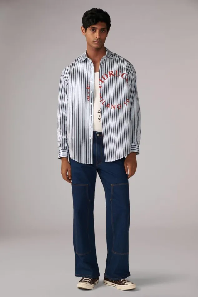 Men Fiorucci Milano Stamp Stripe Shirt Blue Blue